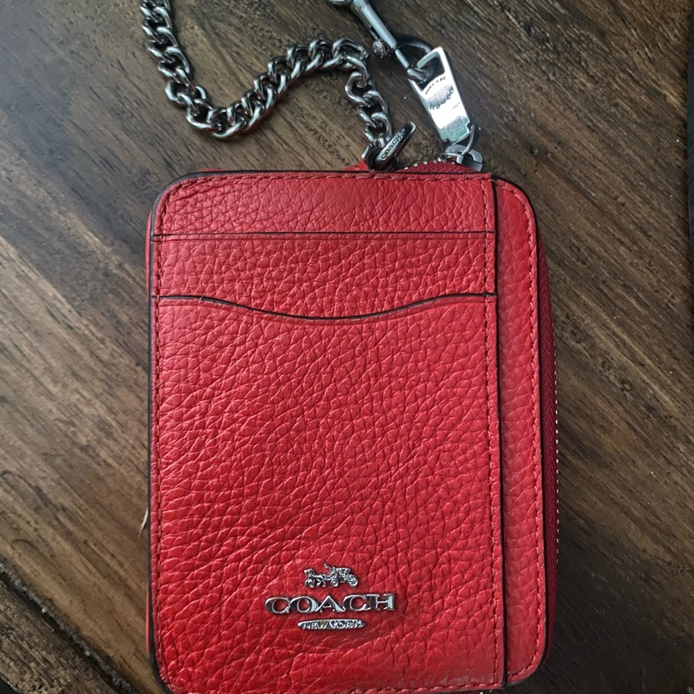 Coach Cherry Red Leather Card Holder with Chain